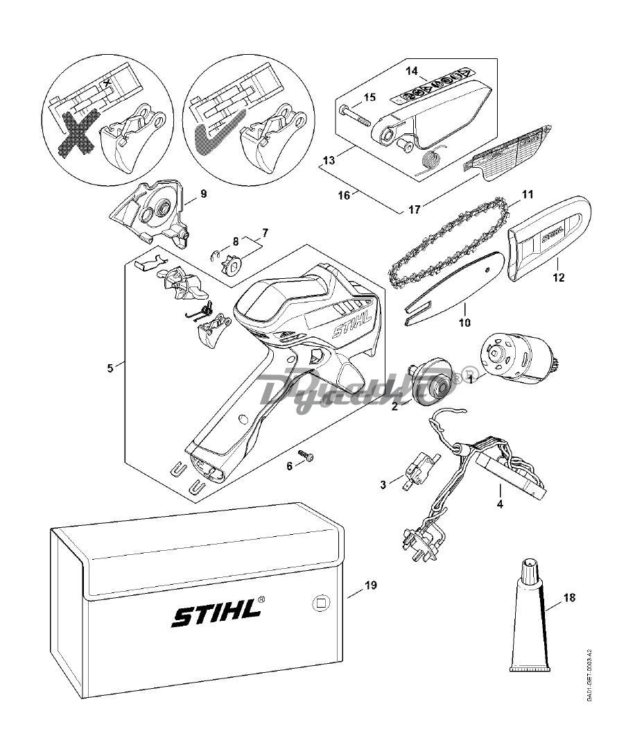 Схема (деталировка) пилы цепные аккумуляторные STIHL GTA 26 Модель до  номера 929771306. Подбор по модели, низкие цены в интернет-магазине  Дядько.ру с доставкой по Москве и всей России