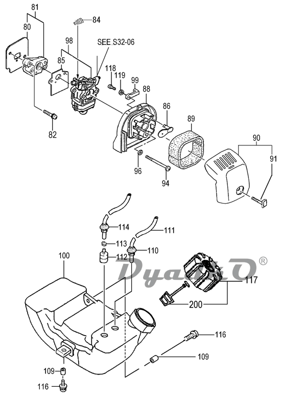 Схема (деталировка) мотобуры HITACHI DA200E(S) S32-03 ENGINE-1. Подбор ...