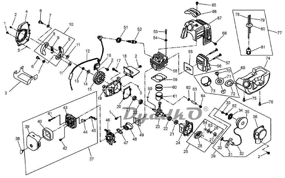 Схема (деталировка) триммеры бензиновые DENZEL DZ-260 Двигатель. Подбор ...