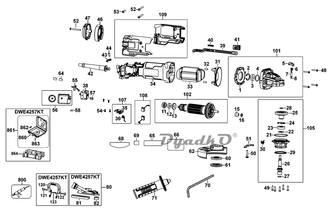 Схема (деталировка) углошлифовальные машины сетевые DEWALT DWE4257 (Type 1)  . Подбор по модели, низкие цены в интернет-магазине Дядько.ру с доставкой  по Москве и всей России