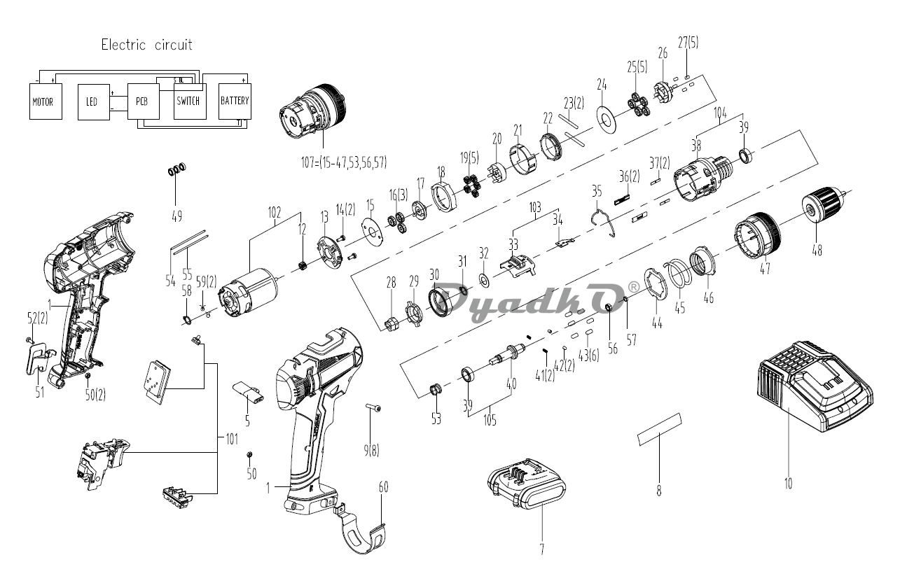 Схема (деталировка) шуруповёрты DEXTER CDT219LD.4 (18180821). Подбор по ...
