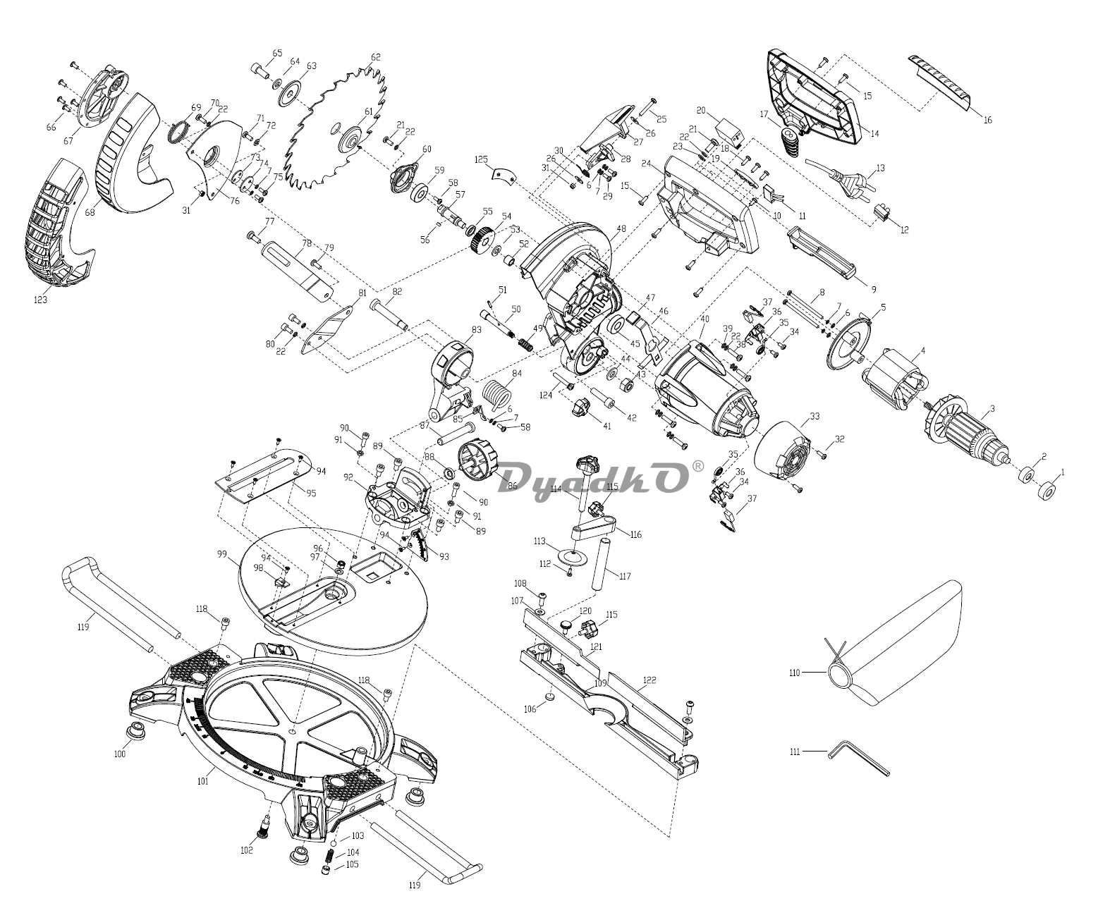 Схема (деталировка) пилы торцовочные DEXTER J1G-ZP1-210D. Подбор по ...